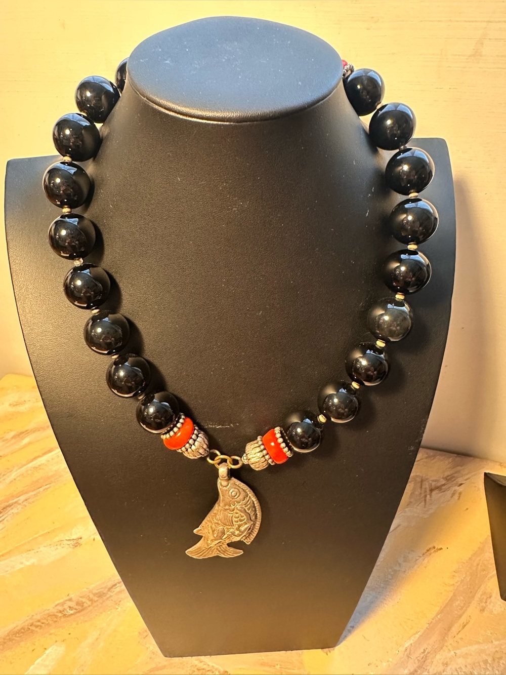 Masha Archer Black Onyx Necklace with Fish Pendant - Elegant Accent